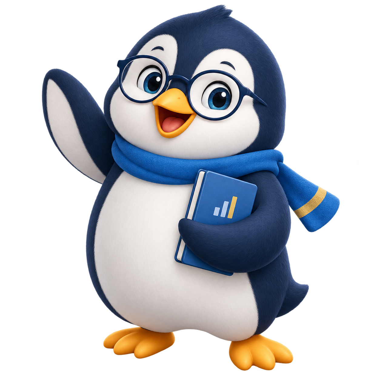 TuanTuan, our cheerful Antarctic penguin researcher, waving and holding a blue notebook